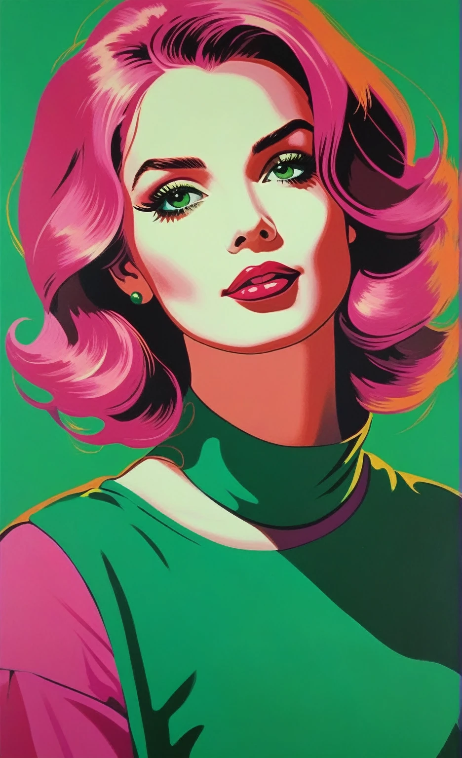 Painting of a woman with pink hair and green eyes., Fantasy pop art, Pop Art Painting, a Pop Art Painting, Martin then artwork portrait, beautiful retro art, Pop art style, Pop art style, in pop art style, in digital illustration style, Martin then, vector art style, purple polsang pop art, Pop Art Surrealism, woman, women&#39;s turtleneck, Ultra Details, masterpiece, stylish modern painting, Vintage elegance, High-contrast lighting, textured finish --ar 4:5 --stylised 0.7