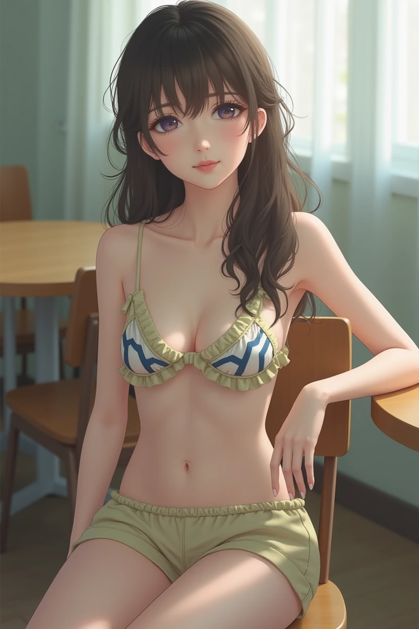 Realistic photos、Focus on the face of a cute high school girl、Bikini、Beautiful sitting , Sit well, Taken from the opposite seat, skirt,
