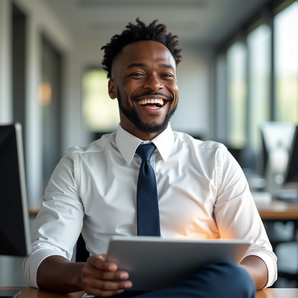 Image of an African-American male office worker resting while looking forward, smiling, excited and looking confident 