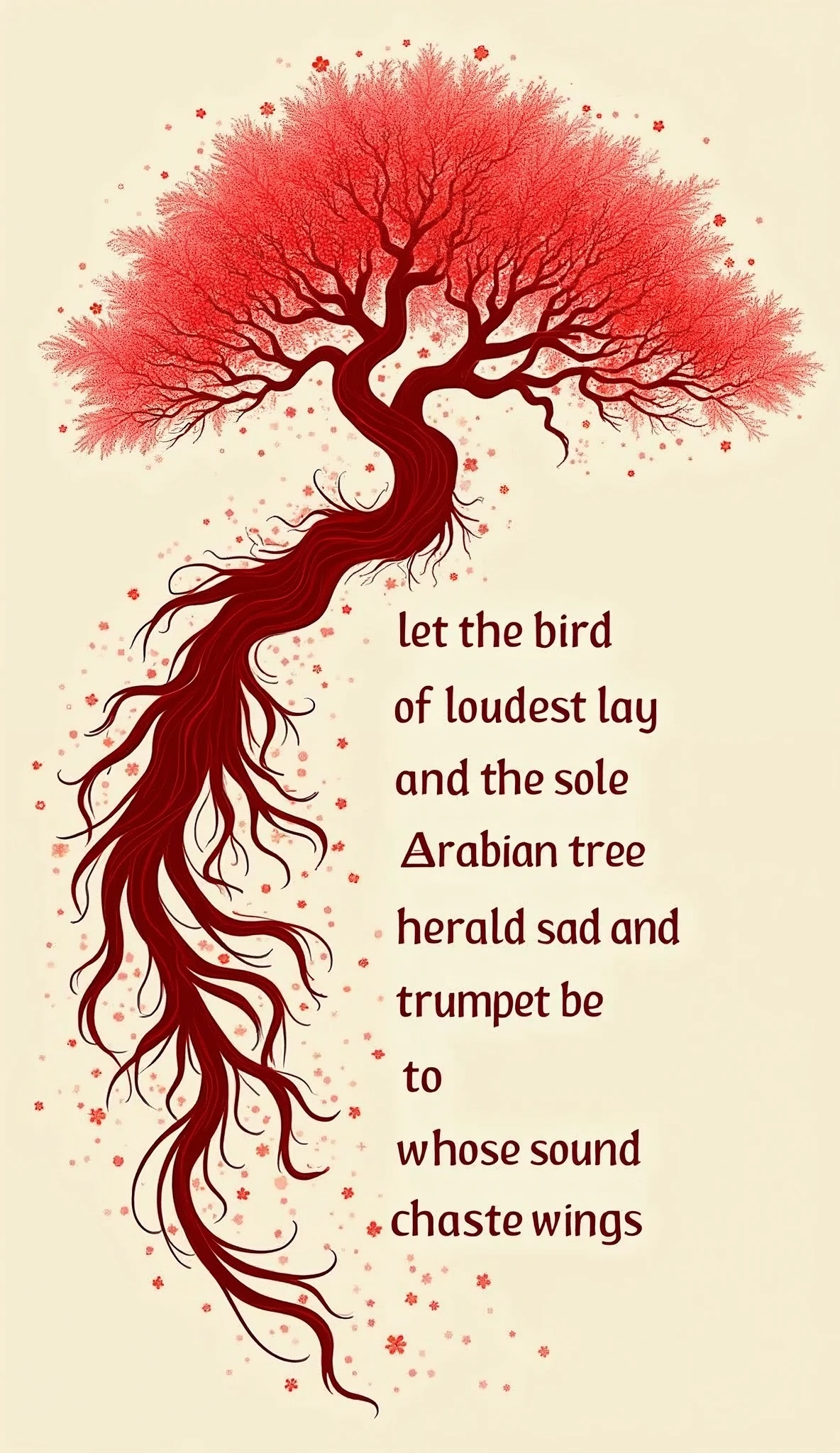 Poster Design, text: "Let the bird of loudest lay,"
text:"On the sole Arabian tree,"
text:"Herald sad and trumpet be,"
text:"To whose sound chaste wings obey."
Beautiful flowing red letters。Expressing transience。poem、Poster Design。
