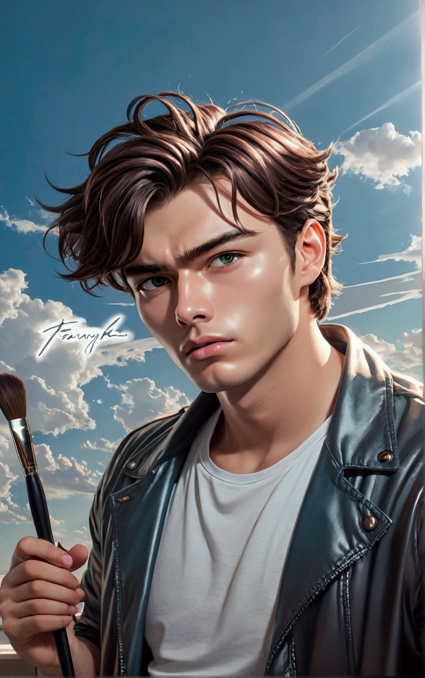 A handsome guy, a designer, sits in his room behind a monitor at such an angle that his face cannot be seen. and does his work in the application - Photoshop. Also, he has a graphic tablet on his table and in his hand he holds a brush, which he moves over the same tablet.