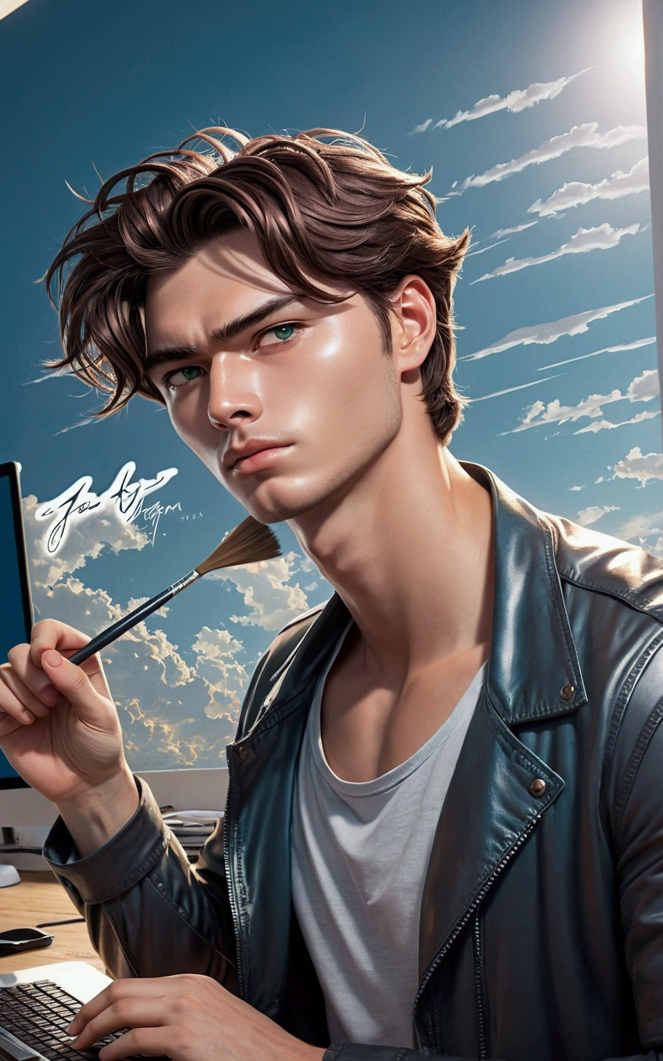 A handsome guy, a designer, sits in his room behind a monitor at such an angle that his face cannot be seen. and does his work in the application - Photoshop. Also, he has a graphic tablet on his table and in his hand he holds a brush, which he moves over the same tablet.