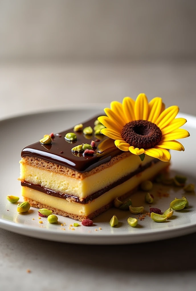 Plate containing a dessert, rectangular pavé on one side of the dish with interspersed layers of dough, creme verse de pitache e creme de doce de leite, covered with a mirrored chocolate coating and with chopped pistachios on the other side a sunflower made of chocolate with yellow petals