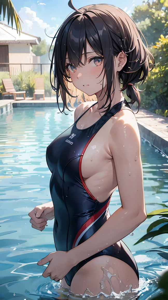 beautiful, masterpiece, best quality, hiqcgbody, anime, 1girl, medium breasts, olympic swimmer, transparent and Clear black swimsuit, portrait shot, looking at viewer, partially submerged, outdoor pool, wet skin, intricate details,>,((covered