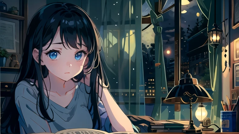 Create an illustration of a girl with black hair and blue eyes, sitting in a chair in front of a desk, Sentimental, Introspective look。, The moonlight gently shines into the room, Gently illuminate the space, Curtains sway in the wind, Increase tranquility, Dark mood, Emphasise the theme of loneliness, silence, And the depths of night, The room is dark、dimly lit by the moonlight