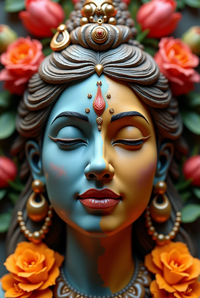 A shivaling on which ardhnarishwar (mata parvati face on the left side and shiv ji face on the right side)eyes nose and lips are made with clay and decorated side by flowers