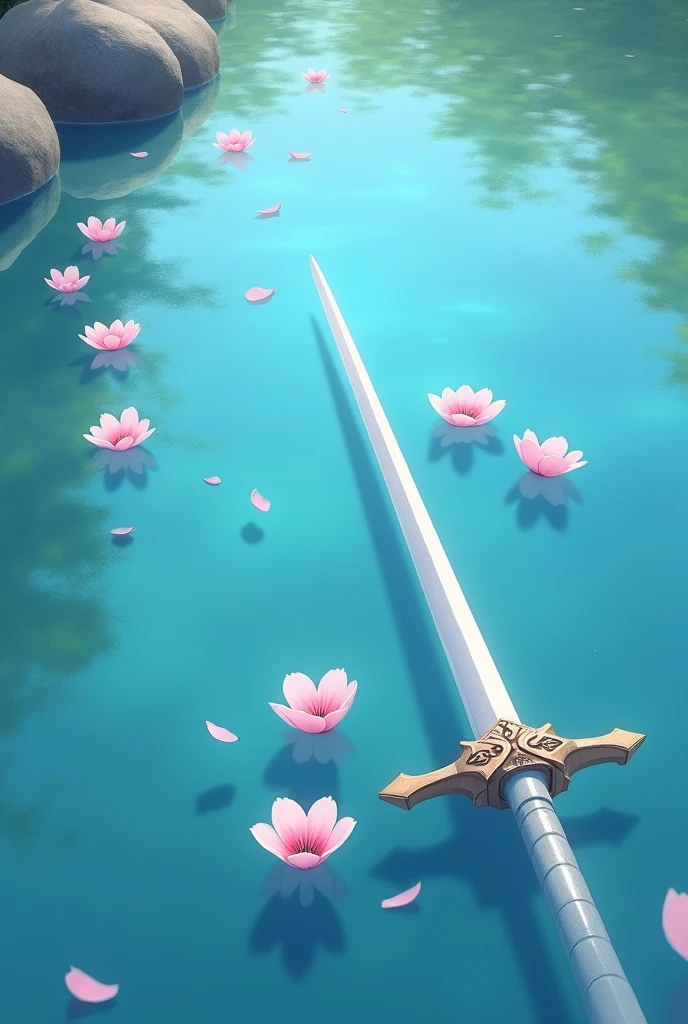 The clear water has a few pink petals and a long sword. Top view of the lake. Looks a little more real. More petals. The water surface looks more real. all like a painting