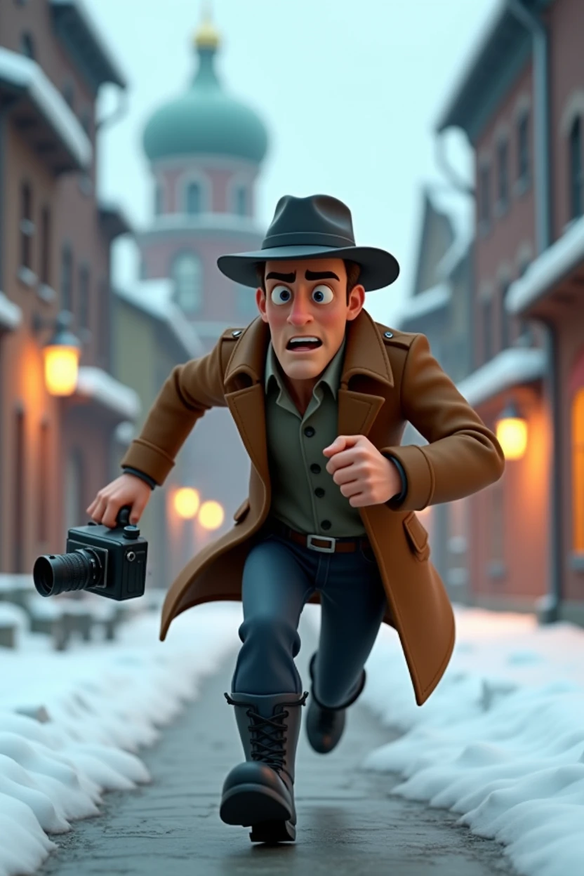 A want a Russian journalist character. with a vintage camera on his hand. running from something in a snow old city. The man is in the med of 30s. The time of the character is in the 1900s. The character is animation 3d Pixar and Disney style. Full body as a Movie poster. with face expression. Only in pixar cartoon style. He is wearing a black boots. And vintage jacket with flat hat. Adventure. Action. Cartoon style.