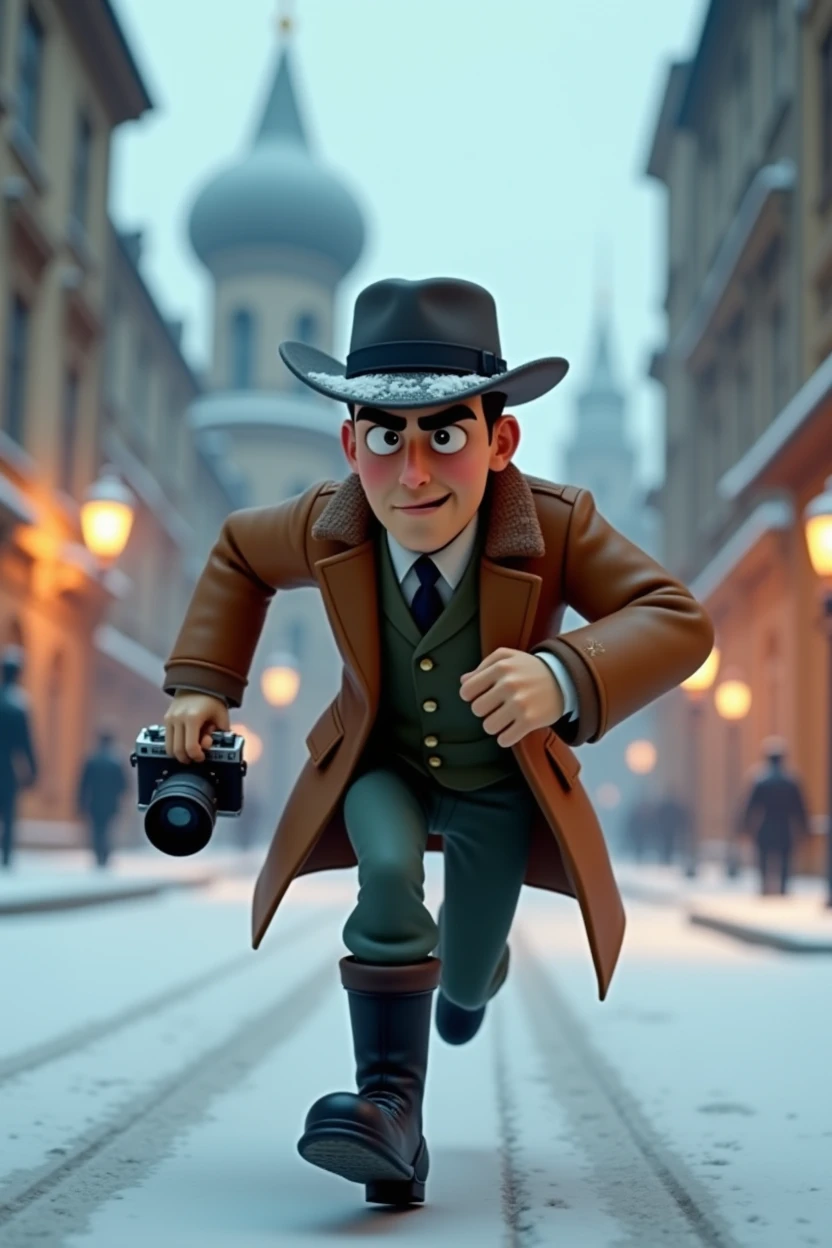 A want a Russian journalist character. with a vintage camera on his hand. running from something in a snow old city. The man is in the med of 30s. The time of the character is in the 1900s. The character is animation 3d Pixar and Disney style. Full body as a Movie poster. with face expression. Only in pixar cartoon style. He is wearing a black boots. And vintage jacket with flat hat. Adventure. Action. Cartoon style.