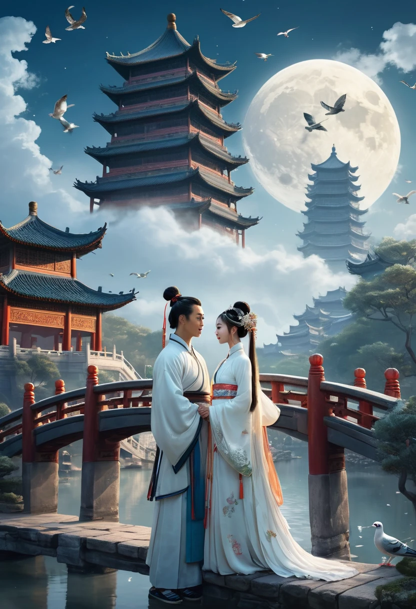 /I At night, the round moon hangs in the sky. In Chinese mythology, the Cowherd and Weaver Girl, a boy wearing Hanfu and a girl wearing white Hanfu and a gorgeous headdress, face to face, holding hands tightly together. The two of them stand on a bridge made up of many pigeons in the sky, surrounded by white clouds. In the distance, there are ancient Chinese towers, like palaces in the sky,Full Length Shot,full body shot, highly detailed,photography,beautiful cinematic lighting --stylize 950 --v 6.1