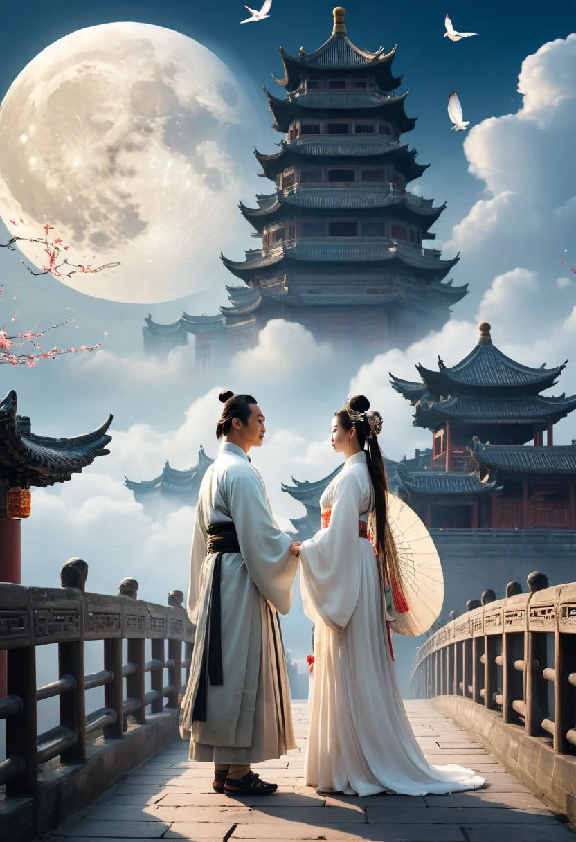 /I At night, the round moon hangs in the sky. In Chinese mythology, the Cowherd and Weaver Girl, a boy wearing Hanfu and a girl wearing white Hanfu and a gorgeous headdress, face to face, holding hands tightly together. The two of them stand on a bridge made up of many pigeons in the sky, surrounded by white clouds. In the distance, there are ancient Chinese towers, like palaces in the sky,Full Length Shot,full body shot, highly detailed,photography,beautiful cinematic lighting --stylize 950 --v 6.1