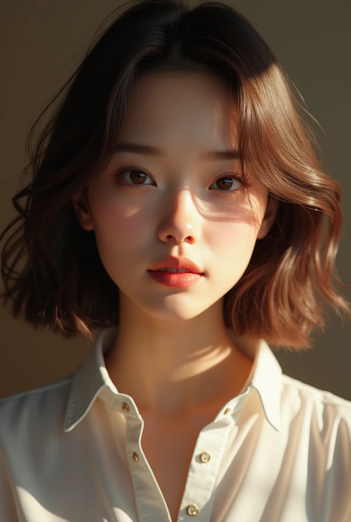 top-quality、8K Masterpiece、超A high resolution、(Photorealsitic:1.3)、Raw photo、1人、Short bob with brown hair、glowy skin、1 super beautiful college girl、((super realistic details))、portlate、globalillumination、Shadow、octan render、8K、ultrasharp、highly intricate detail、Realistic light、CGSoation Trends、Beautiful eyes、radiant eyes、Facing the camera、