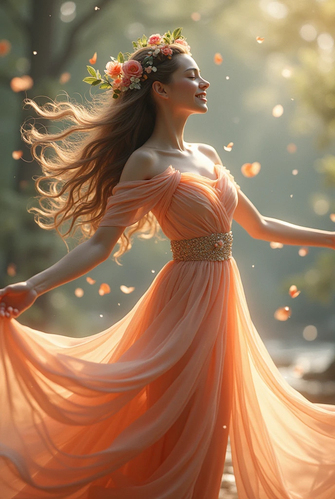 a stunningly detailed 3D render of a , whimsical woman, adorned in a flowing, peach-hued floral gown, with delicate petals and leaves intricately woven into her hair, dancing with joyful abandon amidst a mesmerizing cascade of crystal clear, shiny rain droplets that refract and scatter sun rays in every direction, her long, silky tresses swaying faints and falls down on earth 