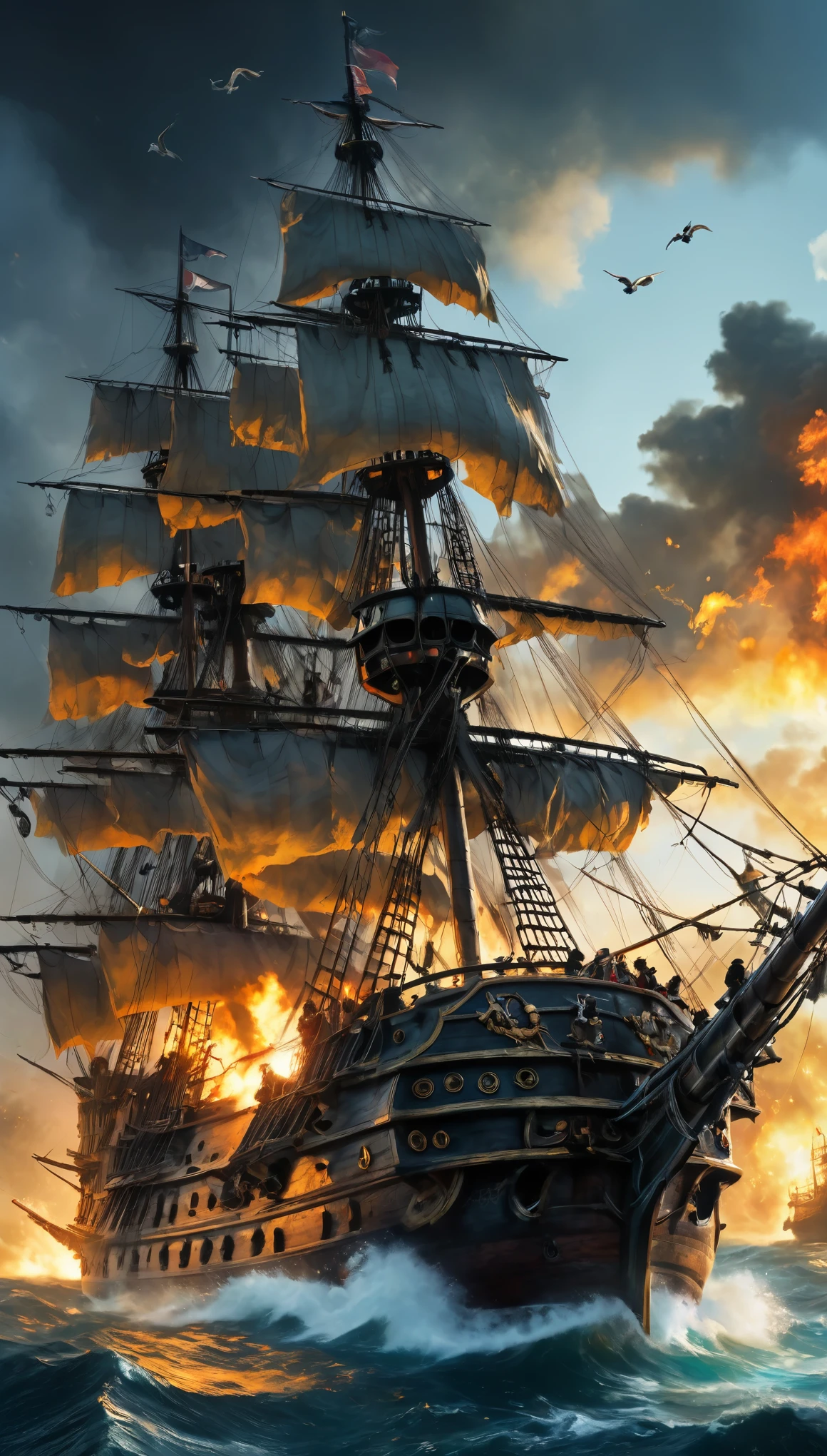(8k, Highest quality, masterpiece),{Realistic, RAW Photos, Super Fine Clear, Impressionist painting, (Impressionist paintingの影響を受けた, Pirates of the Caribbean:1.6)}, naval battle, Pirate Combat, deadly battle, Fierce Battle, hot,, Vibrant