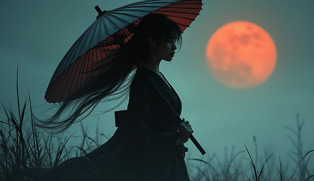 Samurai girl holding a big umbrella,with a bunch of black shadows behinds him,long hair,fog,wind,night,highnoon,bamboo,grass on the ground,traditional japanese art,oriental,,handmade,art nouveau,detailed, sexy, nsfw detailed beauty face, all body shot, all detailed idol chinese face