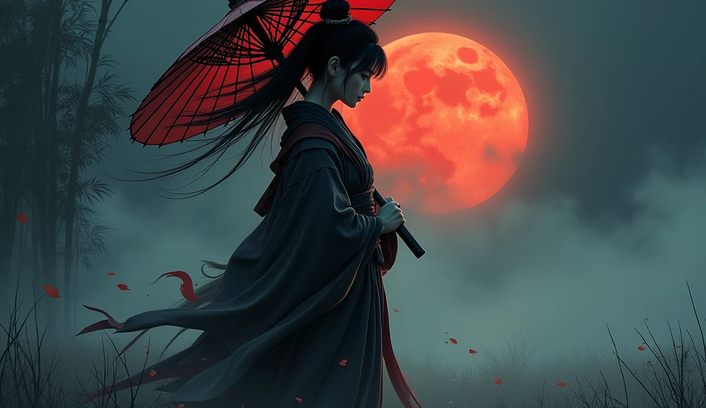 Samurai girl holding a big umbrella,with a bunch of black shadows behinds him,long hair,fog,wind,night,highnoon,bamboo,grass on the ground,traditional japanese art,oriental,,handmade,art nouveau,detailed, sexy, nsfw detailed beauty face, all body shot, all detailed idol chinese face