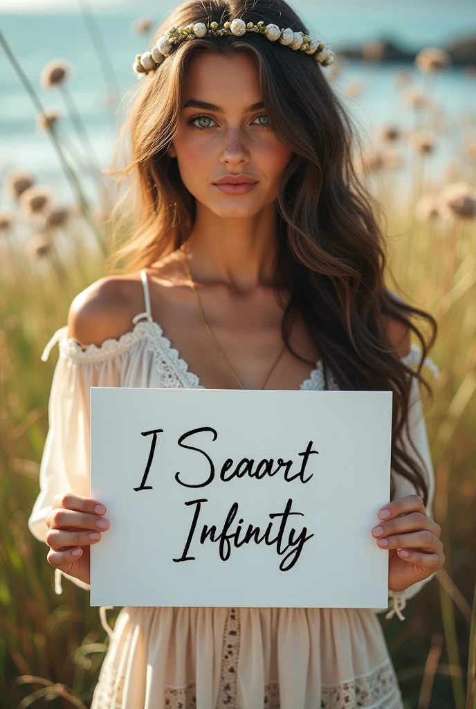Beautiful girl with wavy long hair, bohemian dress, holding a white board with text "I Love Seaart Infinity" and showing it to the viewer