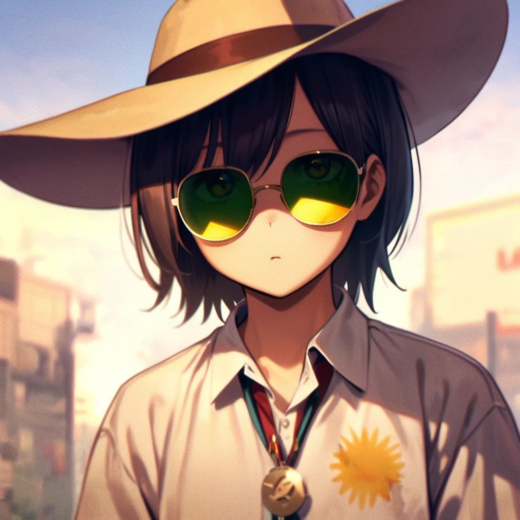 
the sun is the main character. sun wearing sunglasses and wearing a hat