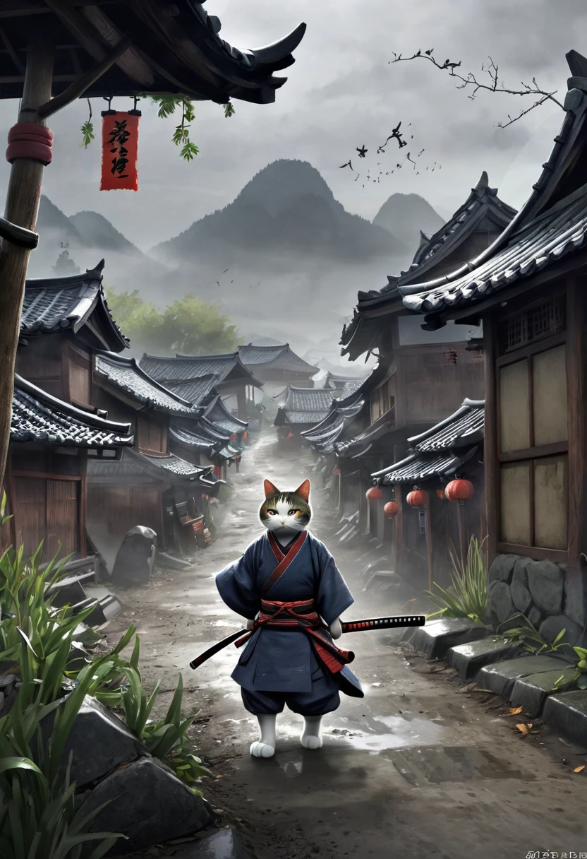 
(drawing:1.3),Samurai cat, battlefield, (Animation Art), 2D, Colored, Gloomy atmosphere、The cat leaves the village