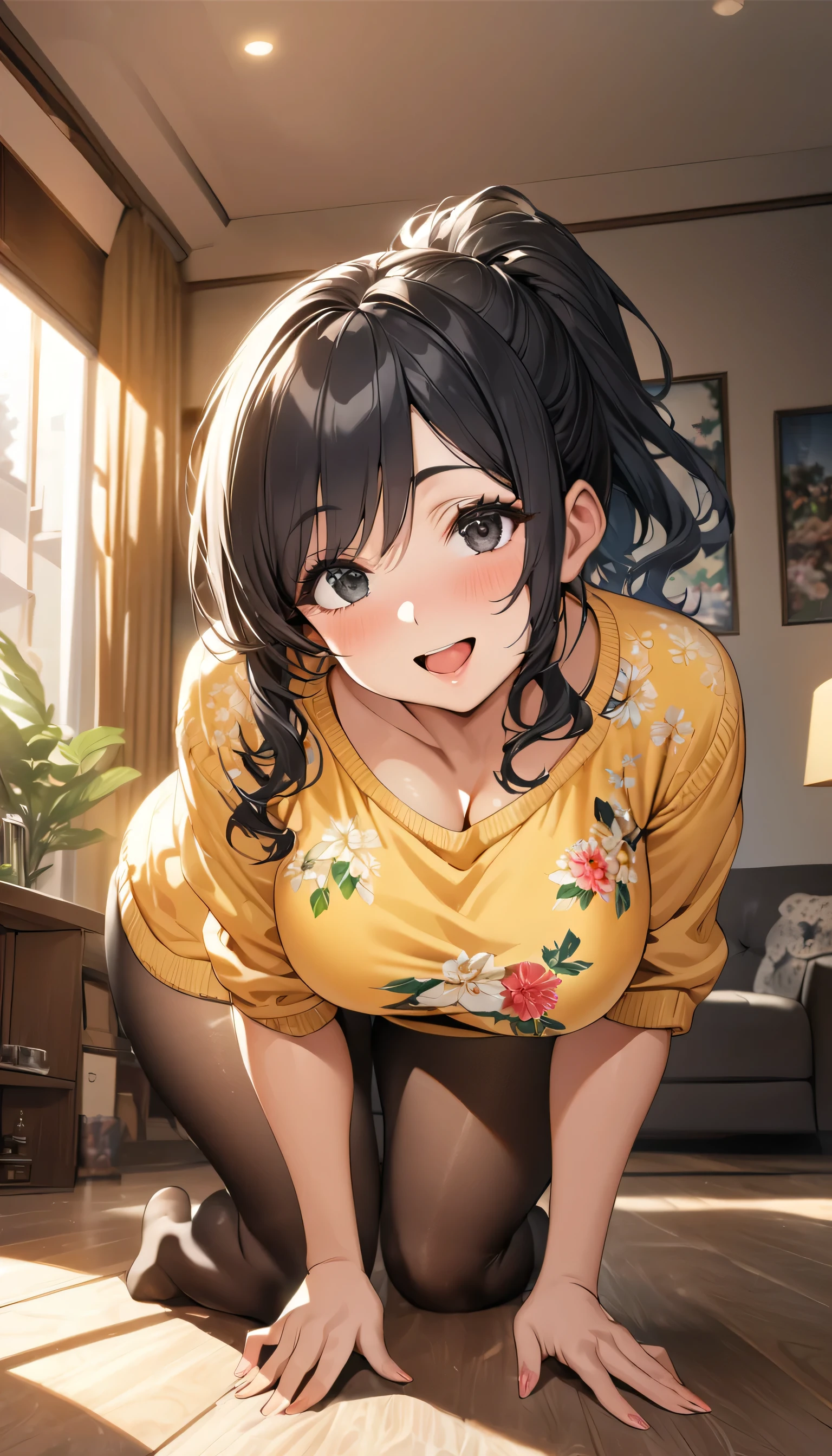 full body,from directory front,leaning forward,hands on knees,round eyes,milf women,30yo,open mouth,extremely beautiful face,wide hips,short hair,black hair,ponytail,black eyes,round eyes,middle breasts,cleavage,floral pattern sweatshirt dress,yellow sweatshirt dress,detailed pantyhose,no shoes,gyaru,curvy,smile,in living room, 8K RAW,professional lighting,extremely beautiful legs and body,super fine illustration,best quality,8K wallpaper, ultra-detailed,HDR,warm lighting,hyper realism,sharp