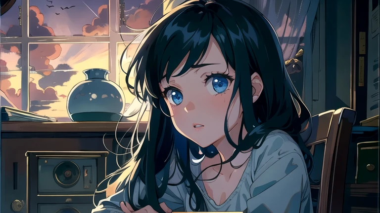 Create an illustration of a girl with black hair and blue eyes, sitting in a chair in front of a desk, Sentimental, Introspective look。, The moonlight gently shines into the room, Gently illuminate the space, Curtains sway in the wind, Increase tranquility, Dark mood, Emphasise the theme of loneliness, silence, And the depths of night, The room is dark、dimly lit by the moonlight