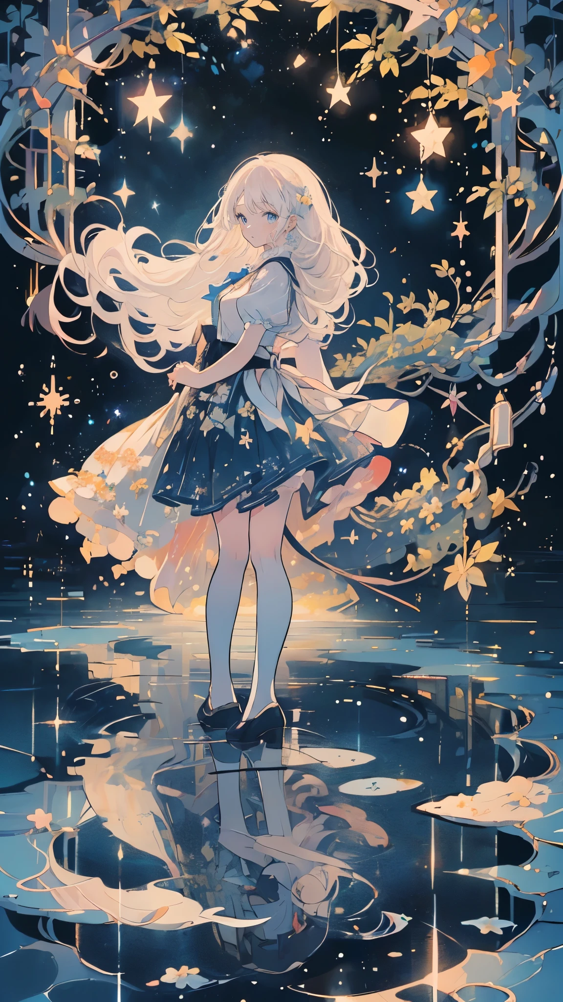 (Mastepiece), (Best Quality), Very detailed, 1 girl, (Full body solo shot:1.5), Perfect Face, beautiful girl, Very detailedな顔,(White hair long hair:1.5),(blue eyes:1.4),(Lots of butterflies々:1.2)、(Lots of white flowers:1.4)、(Lots of blue butterflies々:1.3)、(Sparkling:1.3)、moonlight、流れstar、(night、star空:1.4)、Crescent Moon、star々、moonlight