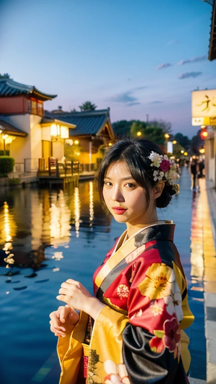 Masterpiece, best quality, ultra high resolution, hyper realistic, realistic, (photorealistic:1.4), masterpiece of analog film photograph a girl, black hair, wearing kimono, taken by Hideaki Hamada using Pentax 67II and Kodak Portra, fireworks, Fireworks background, sky