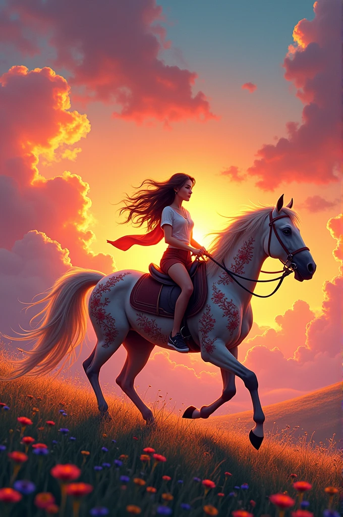 The image depicts a breathtaking scene of a young woman riding a majestic horse through a vibrant, surreal landscape. The sky is ablaze with a spectacular sunset, full of rich, warm colors—fiery oranges, deep purples, and bright blues—that blend together to create an almost magical atmosphere. The woman's expression is calm and focused, her hair flowing freely in the wind as she rides. The horse is adorned with beautiful, intricate patterns, adding to the fantastical feel of the image. The lush field they are riding through is dotted with colorful wildflowers, enhancing the overall sense of adventure and freedom.