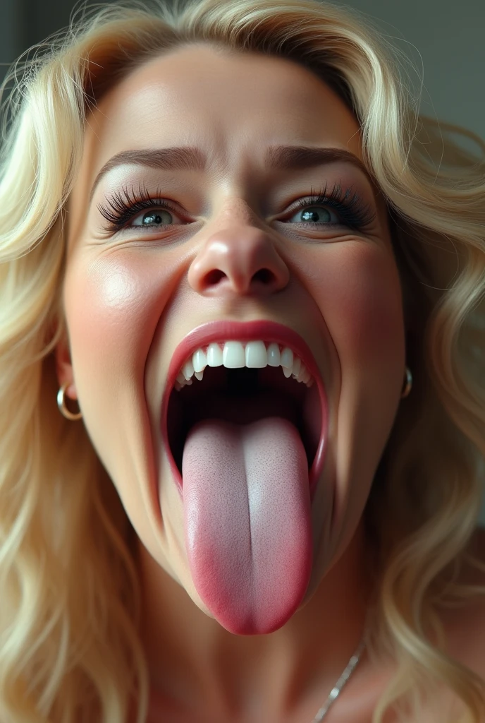 Fat blonde milf, opens her mouth wide showing you her uvula and super thick white realistic Tongue
