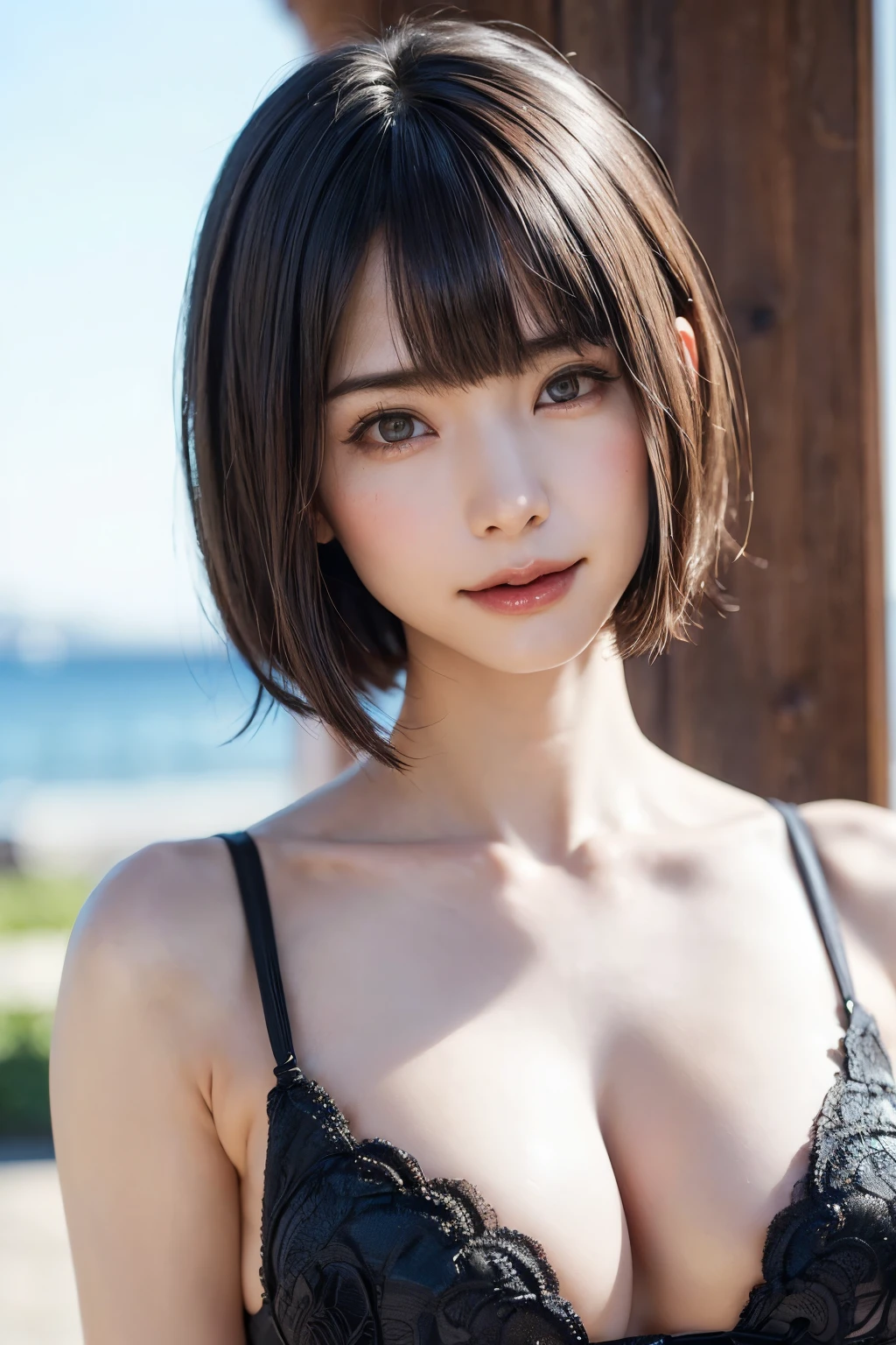 (masterpiece, Highest quality),One Girl, solo, Realistic, Realistic, Looking at the audience, Light-coloured black eyes, Short brunette bob hair, Brown coat,, Lips, Bans, Plein Air, Upper body、Big eyes、Beautiful view of sparkling snow lassi))、(((Short bob hair with bangs:1.4、Shiny Hair、Bans:1.4、Big eyes、large full chest、Intensely accentuates the eyes、Staring at the audience、Beautiful beauty、Listen carefully、Long neck、Smile a little、smile、Ideal body proportions)))、{huge|big|hugeな|Mega} chest:2, chestの谷間:2
