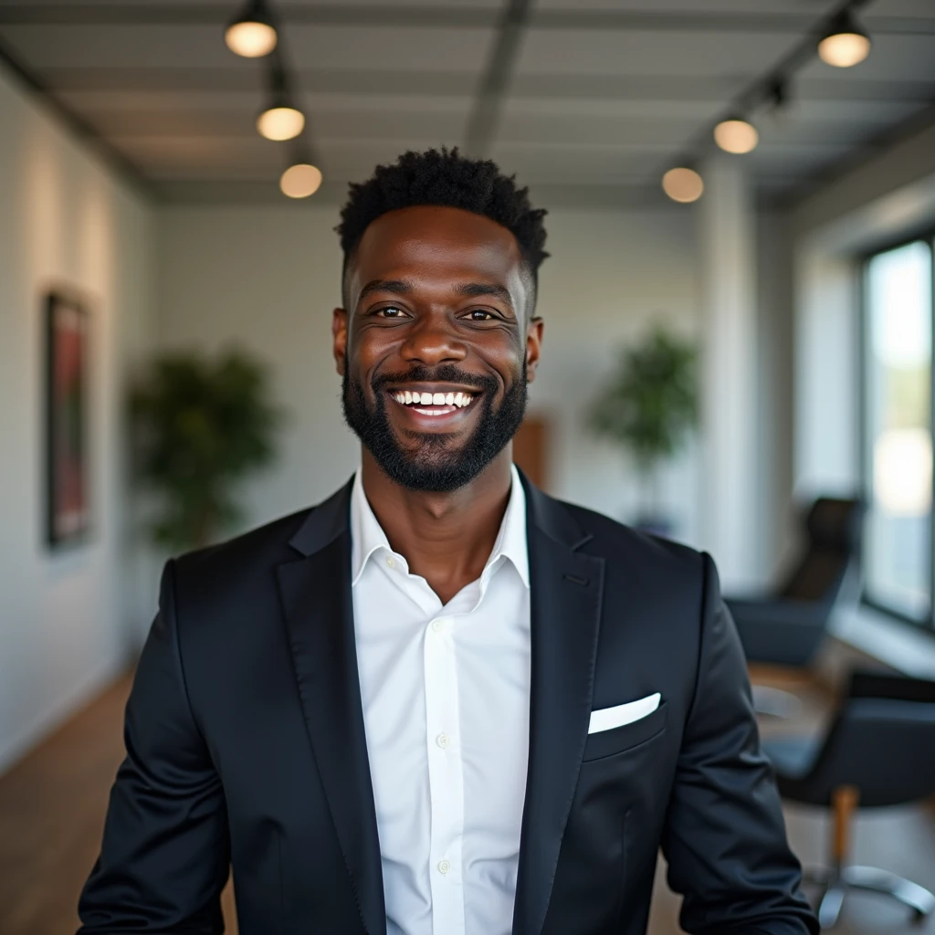 Image of an African-American male office worker resting while looking forward, smiling, excited and looking confident