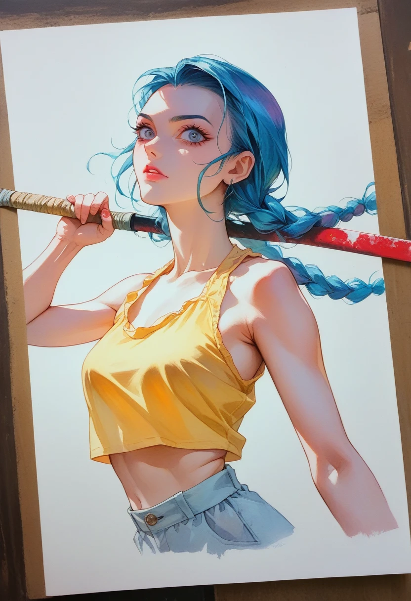 em anime 2.5D Jinx + Vegeta sexy Sensual decote ol com blusa rasgada preta clad in traditional Slavic attire, wielding a scythe as she mows through a vibrant black e borboletas field under the high summer sun, captured in a cinematic anime scene, shadows cast directly beneath her, e muitas borboletas sun-filled, colorful realism, modularity, photo realistic, ultra high quality details, great attention to the body and face, UHD, 8K , Watercolor, trending on artstation, sharp focus, studio photo