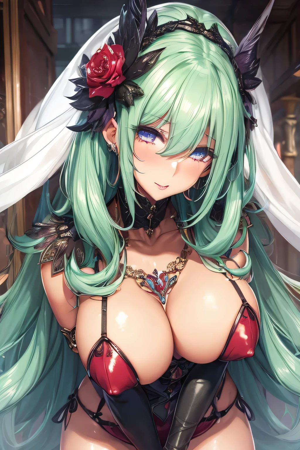 A tantalizingly lifelike female character with the intriguing twist of her body being composed entirely of luscious fruits. Her voluptuous form is accentuated by the strategic placement of the fruit, creating an alluring and sensual silhouette. The fruits are vibrant and ripe, varying in size and shape to mimic the natural contours of a woman's body. Her skin is a glossy red that shimmers in the soft, ethereal light, hinting at the sweetness and temptation she exudes. Her hair is a cascade of green fruits leaves, framing her delicate features which are delicately sculpted from the whitest parts of the fruits, complete with a seductive smile. Her eyes, the dark centers of the fruits, sparkle with mischief and allure. Her body language is inviting, with one hand resting on her hip and the other playing with a trail of fruits that dangle from a leafy vine, which forms an elegant necklace around her neck. She stands against a backdrop of velvety green foliage, further highlighting the richness of her melon-covered figure. The scene is a celebration of nature and feminine beauty, blurring the lines between fruit and flesh in a mesmerizing, NSFW display that leaves the viewer craving a taste of the forbidden fruits.