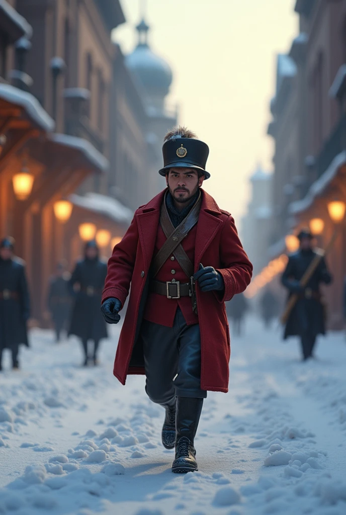 A 3d animation Pixar style in his thirties. In the nineteenth century AD. Running away from something in an old city. The city is in winter and there is snow. Te man wearing as an old soldier