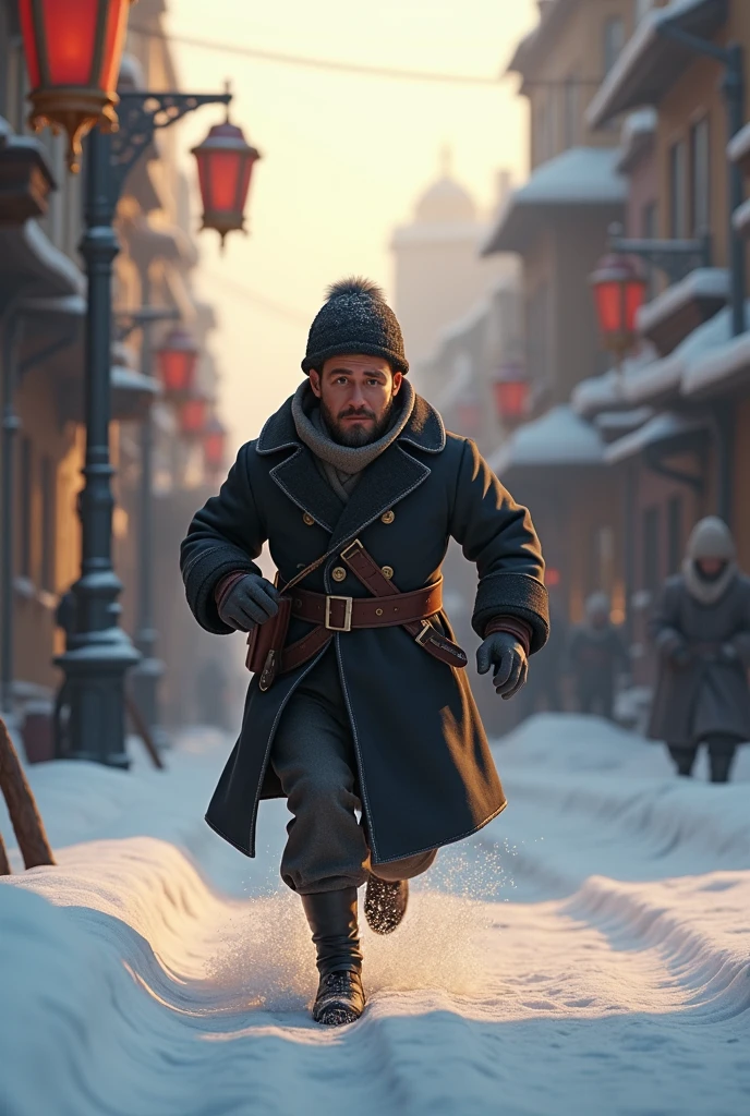 A 3d animation Pixar style in his thirties. In the nineteenth century AD. Running away from something in an old city. The city is in winter and there is snow. Te man wearing as an old soldier