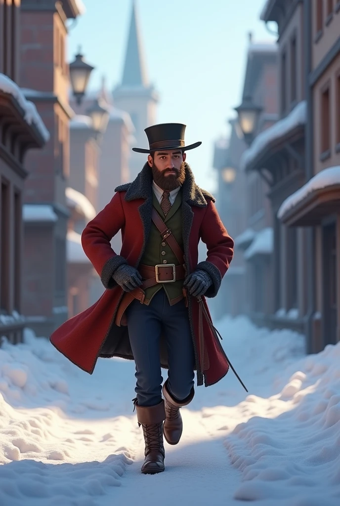 A 3d animation Pixar style in his thirties. In the nineteenth century AD. Running away from something in an old city. The city is in winter and there is snow. Te man wearing as an old soldier 