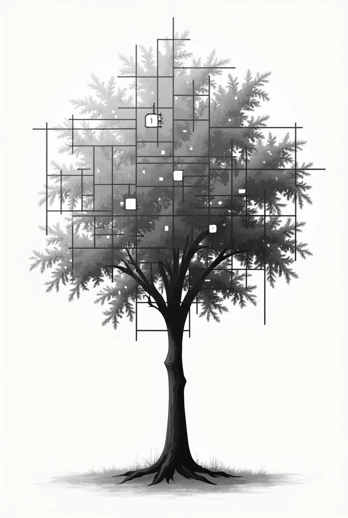 I would like a unique drawing of a tree in black and white, but which is presented by boxes and or numbered spaces to be colored or filled with shades and tones.