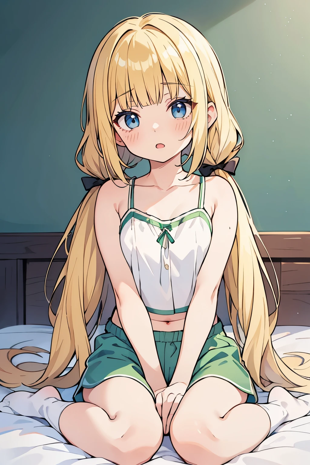 masterpiece, solo girl, (young female body:1.4), (small breasts), cowboy shot, flustered, yellow golden hair, extra gold long hair, thick wavy hair, hime cut, blunt bangs, crystal blue eyes, light blue detailed eyes, bedroom background, dark green and white pyjamas, socks, white pyjama pants, short sleeping shorts, dark green tank top, short oversized green top, crop top, short sleeves, wavy curly voluminous twintails, huge low twin tails, voluminous curly hair, butterfly sitting, crossed legs, white ribbon, tilted head