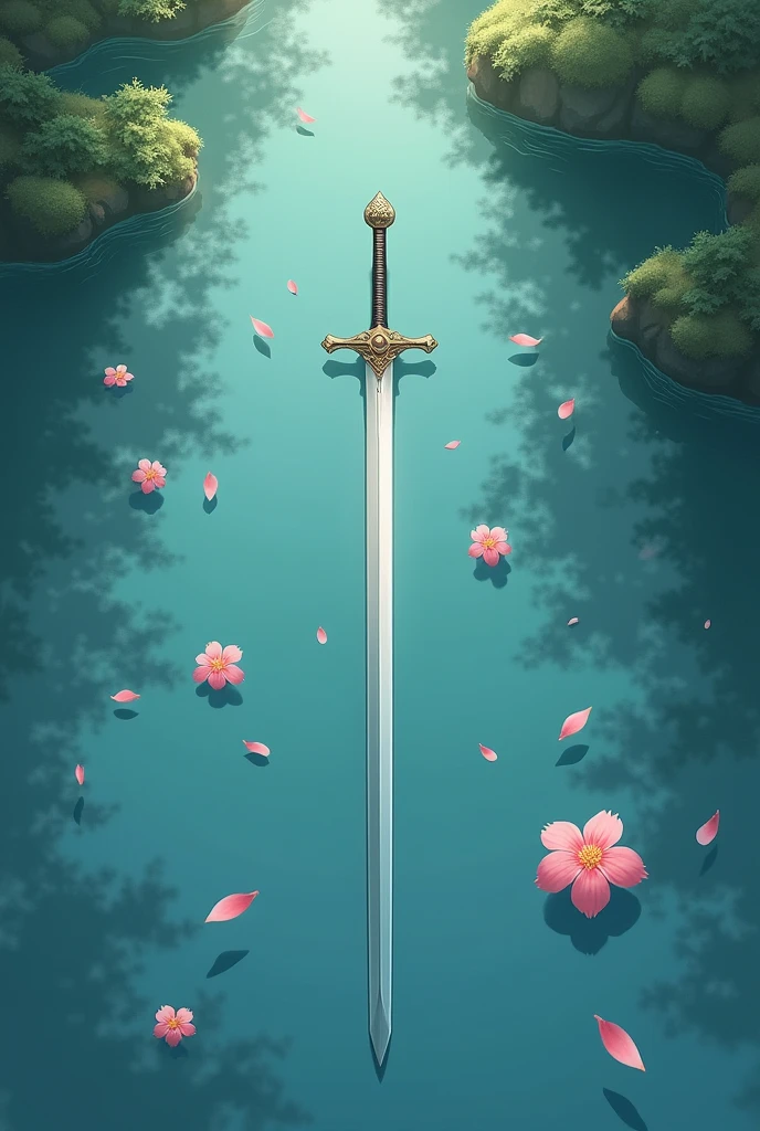 The clear water has a few pink petals and a long sword. Top view of the lake. Looks a little more real. More petals. The water surface looks more real. all like a painting Chinese breed