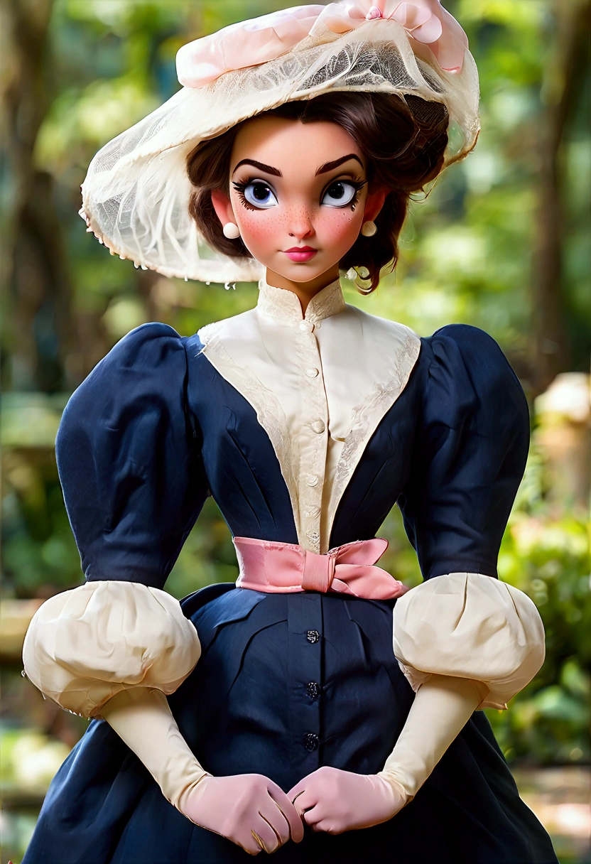 Year 1898. Humanized Minnie Mouse as a pretty, flirty **** girl, seducing a horny 69yo gentleman. 1890s fashion. Victorian high-collar navy blue dress with (((long puff sleeves cuffed into wrist-high white silk gloves. Powder blue sash cinched around her waist. Navy blue ankle skirt. Pink straw boater hat with a stuffed white bird held on top and a veil in the front))). Long raven brunette hair (((tied into a bun enclosed in a net))). Wasp waist. (((Bubble butt sticking out))). Petticoats. Thigh-high silk stockings. High-waisted open bloomers. (((White high-heel button boots:1.2))). 1890_dr3ss. Gorgeous face, big blue eyes, dimple cheeks, coquettish smile. Victorian park setting. (((Full body)))