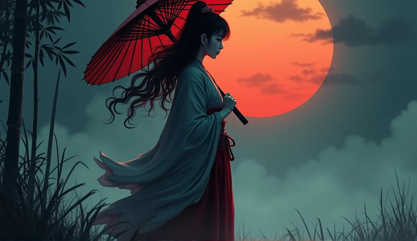 Samurai girl holding a big umbrella,with a bunch of black shadows behinds him,long hair,fog,wind,night,highnoon,bamboo,grass on the ground,traditional japanese art,oriental,,handmade,art nouveau,detailed, sexy, nsfw detailed beauty face, all body shot, all detailed idol chinese face