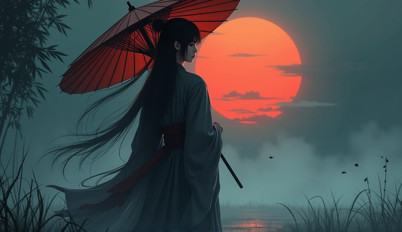 Samurai girl holding a big umbrella,with a bunch of black shadows behinds him,long hair,fog,wind,night,highnoon,bamboo,grass on the ground,traditional japanese art,oriental,,handmade,art nouveau,detailed, sexy, nsfw detailed beauty face, all body shot, all detailed idol chinese face