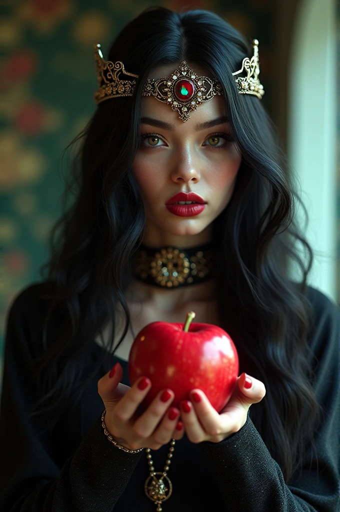 ((RAW Photo), absurd, (absurdresolution)), masterpiece, best quality, (Extremely detailed 8k unity CG wallpaper), (best illustration), (best shadow), Realistic lighting, beautiful detailed glow, ((21 years old)), girl, long black hair, black queen, accessories, apple in hand, poisoned apples, witch queen, red lipstick, (((Photographic Perspective of her)))