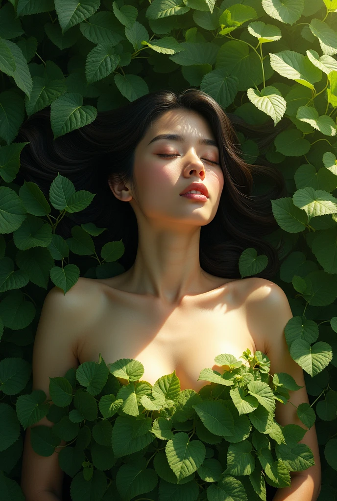 Create an image of a woman lying on the ground, covered with lush green leaves as if they were her clothes. The leaves should drape over her body, leaving her shoulders, legs, and face exposed. The setting should have a natural, serene atmosphere with soft, diffused sunlight filtering through the leaves. Her expression should be peaceful, and the contrast between the vibrant green leaves and her exposed skin should create a striking visual effect.”