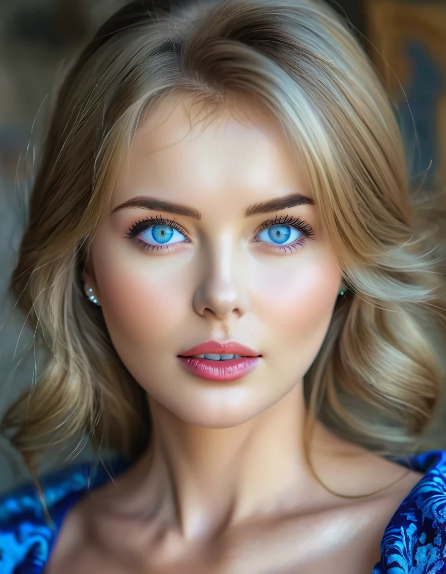 (best qualityer, 4K, 8k, high resolution, work of art: 1.2), (super verbose, realisitic, Fotorrealisitic:1.37)A Beautiful Russian Woman 40 years with dark blonde hair, bright white skin, gray-blue eyes in the South Korea.