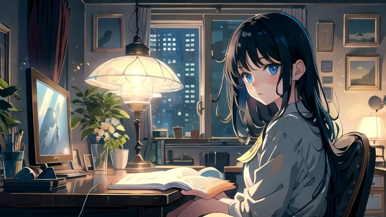 Create an illustration of a girl with black hair and blue eyes, sitting in a chair in front of a desk, Sentimental, Introspective look。, The moonlight gently shines into the room, Gently illuminate the space, Curtains sway in the wind, Increase tranquility, Dark mood, Emphasise the theme of loneliness, silence, And the depths of night, The room is dark、dimly lit by the moonlight