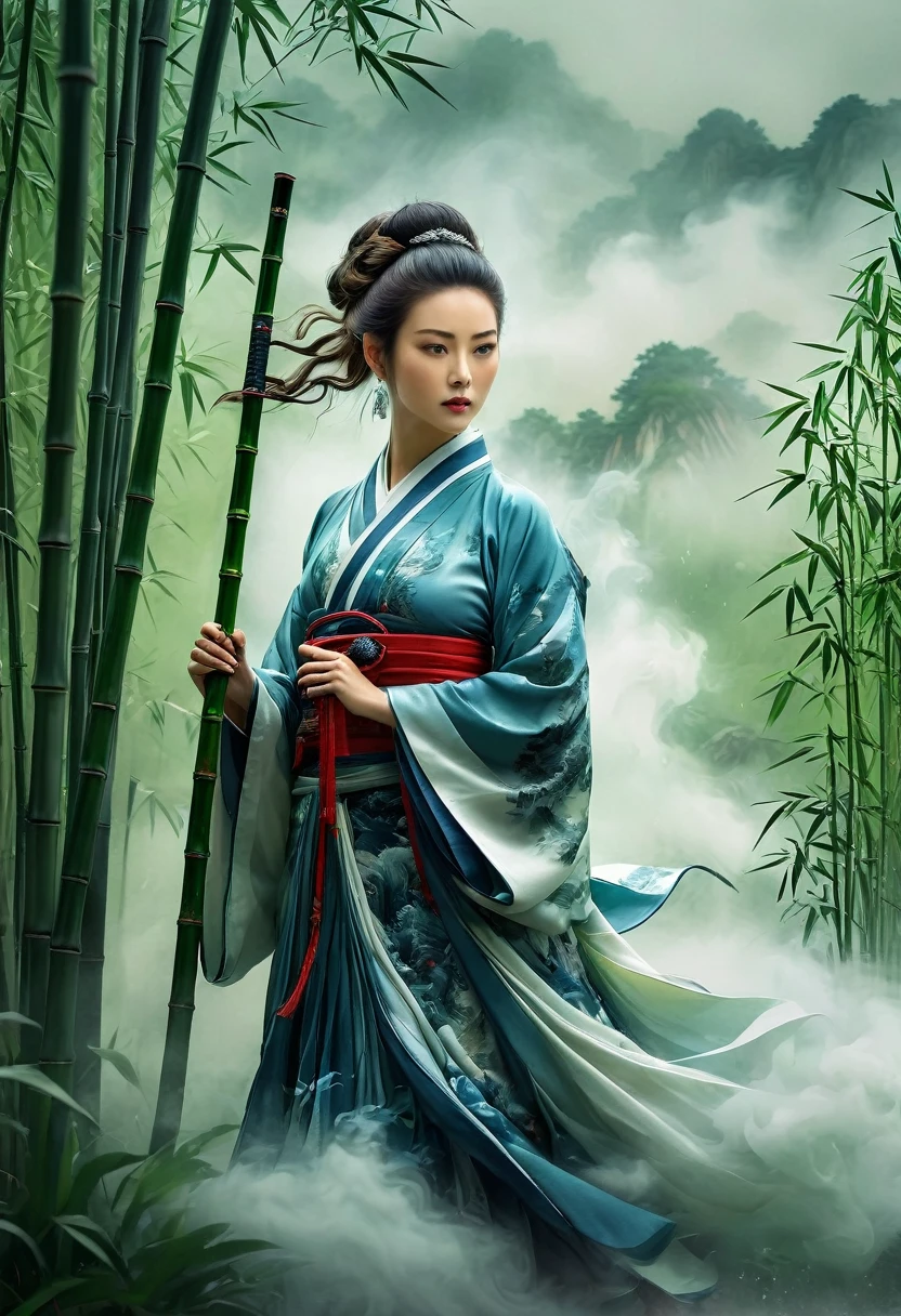 /I H entry screen, A woman in Hanfu stands among the bamboo groves, an epic fantasy scene with dark clouds in the sky and smoke effects, in the style of a Chinese ink painting depicting the martial arts world with cloud mist effects, like movie footage.--ar 2:3 --quality 2 --style raw --sref 3345888893 --personalize --sw 700 --stylize 1000 --v 6.1