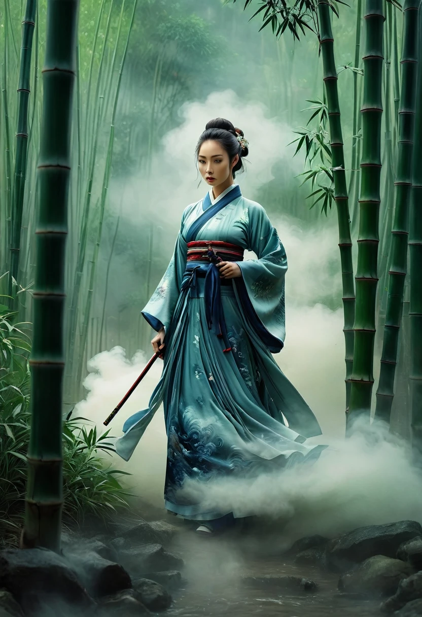 /I H entry screen, A woman in Hanfu stands among the bamboo groves, an epic fantasy scene with dark clouds in the sky and smoke effects, in the style of a Chinese ink painting depicting the martial arts world with cloud mist effects, like movie footage.--ar 2:3 --quality 2 --style raw --sref 3345888893 --personalize  --sw 700 --stylize 1000 --v 6.1

