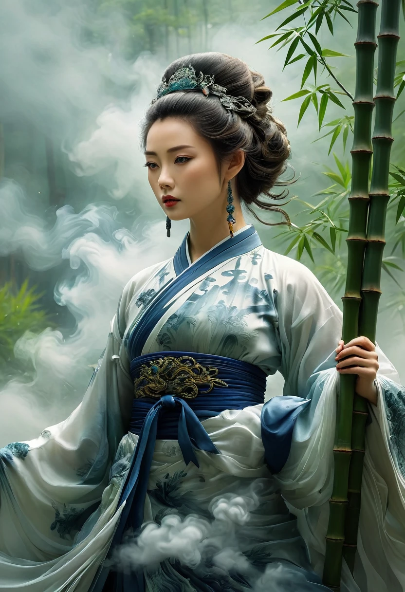 /I H entry screen, A woman in Hanfu stands among the bamboo groves, an epic fantasy scene with dark clouds in the sky and smoke effects, in the style of a Chinese ink painting depicting the martial arts world with cloud mist effects, like movie footage.--ar 2:3 --quality 2 --style raw --sref 3345888893 --personalize --sw 700 --stylize 1000 --v 6.1