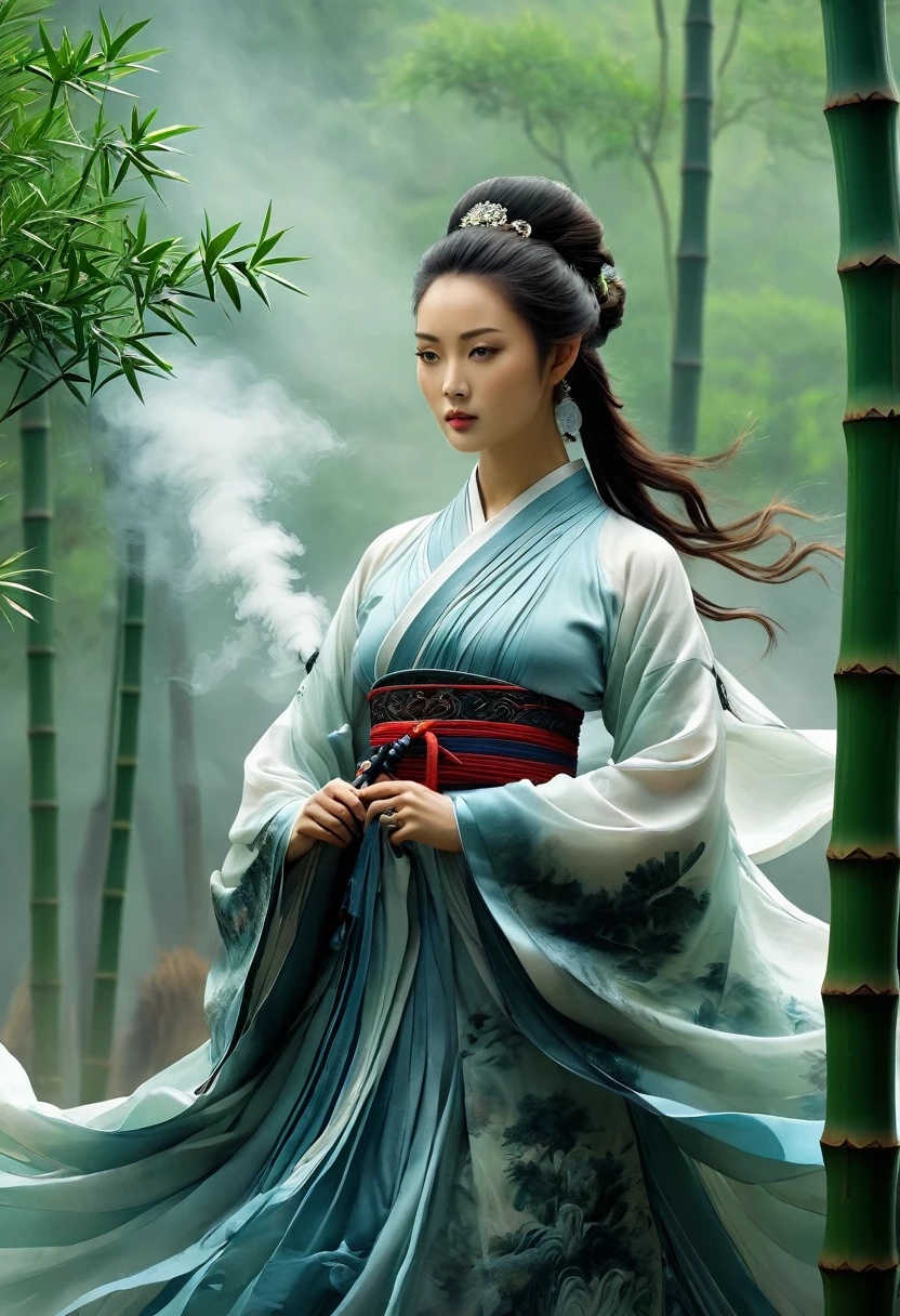 /I H entry screen, A woman in Hanfu stands among the bamboo groves, an epic fantasy scene with dark clouds in the sky and smoke effects, in the style of a Chinese ink painting depicting the martial arts world with cloud mist effects, like movie footage.--ar 2:3 --quality 2 --style raw --sref 3345888893 --personalize  --sw 700 --stylize 1000 --v 6.1

